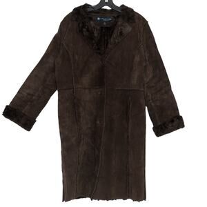 Kenneth Cole Coat Leather Suede Equestrian Old Money Mob Wife Trench Brown Large